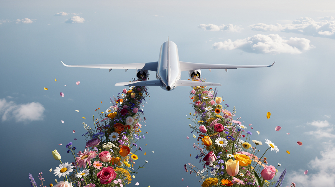 Een priv&eacute;jet die boven de wolken vliegt, met twee sporen van kleurrijke wilde bloemen in plaats van condensatiesporen, als symbool voor schonere brandstof in alle vervoersvormen