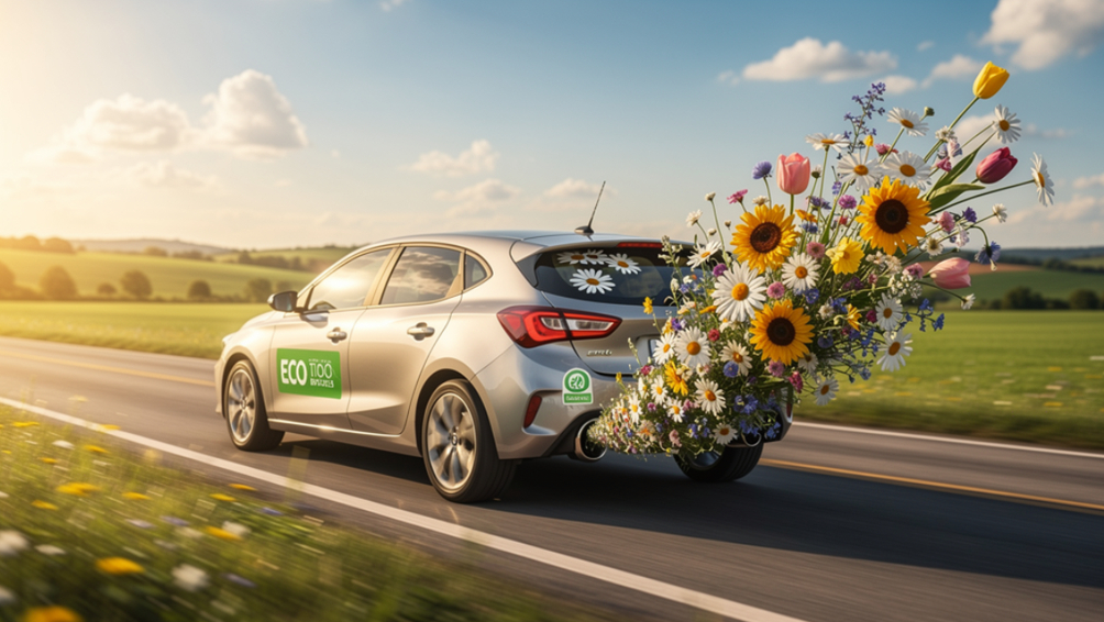 Een auto op een zonnige landweg met een groene ECO 100% BIOFUELS-sticker en een bos wilde bloemen dat uit de achterkant stroomt, als symbool voor schone energie uit hernieuwbare bronnen
